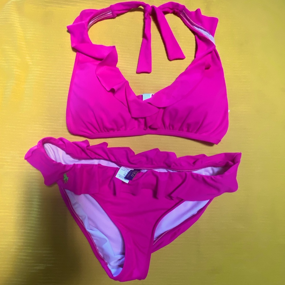 Ralph Lauren Pink Ruffle Bikini M MED Like new.